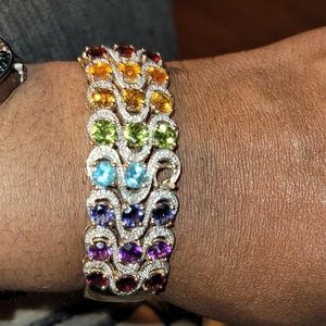 Glamorous Sterling Silver Multi Color Sapphire Gemstone Hinged Cuff Bracelet